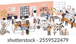 Bookstore interior. Book store, shop with readers, buyers inside. People customers choosing, buying and looking for literature displayed on shelves. Modern bookshop indoor. Flat vector illustration