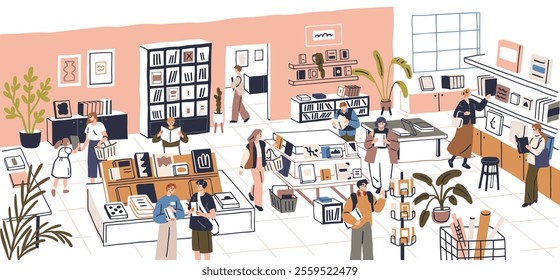 Bookstore interior. Book store, shop with readers, buyers inside. People customers choosing, buying and looking for literature displayed on shelves. Modern bookshop indoor. Flat vector illustration