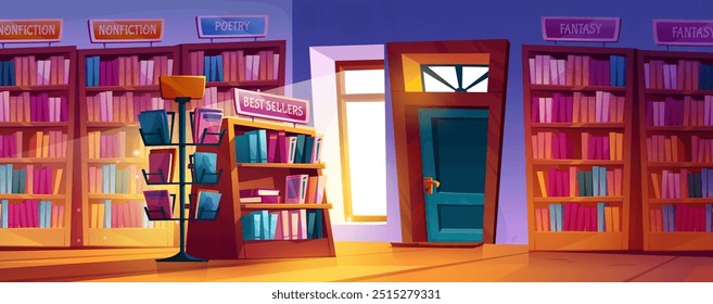 Interior de livraria com livros em prateleiras e em racks, luz através da janela e porta de entrada, sinal de categorias de literatura e vitrine com os melhores vendedores. Cartoon vetor shop com elementos de leitura.