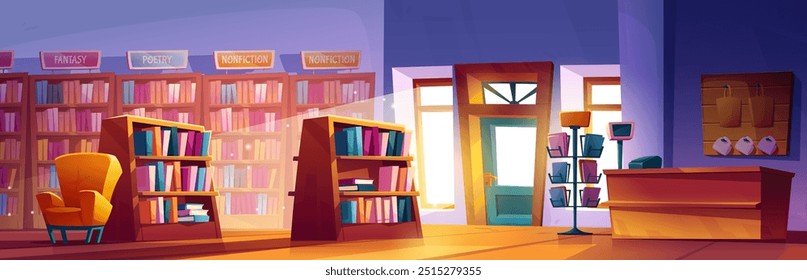 Interior de livraria com livros em prateleiras e racks, poltrona para cliente e balcão com caixa registradora, porta de entrada e janelas. Cartoon vetor loja com literatura para leitura e educação.