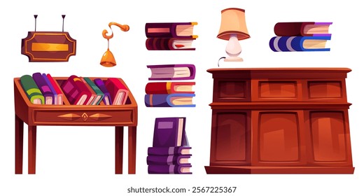 Bookstore interior elements set - wooden display table with books, hanging signboard, decorative table lamp, stacked literature, vintage cabinet. Library furniture collection for reading room design.