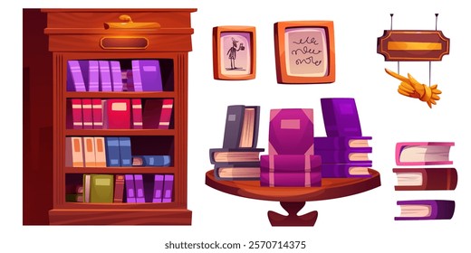 Bookstore interior elements - wooden vintage bookshelf with books, round display table with stacked literature, framed pictures on wall, decorative hanging point board. Classic library furniture set.