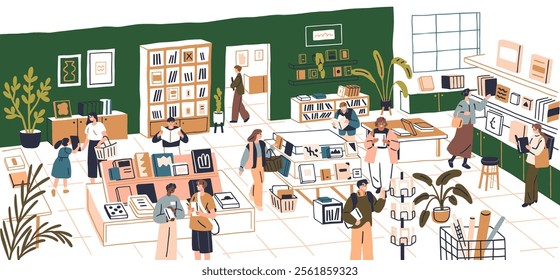 Bookstore interior. Modern book shop with literature displayed on shelves. People customers browsing, choosing, reading. Readers at libarary, store. Flat vector illustration in a panoramic view