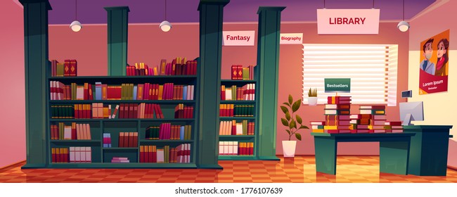 Bookstore interior with shelves, desk and cashier counter. Vector cartoon illustration of empty book shop or library with fantasy and biography literature, bestsellers on desk