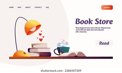 Bookstore landing page. Website template with books and magazines, cartoon book market, reading books concept. Vector webpage mockup. Literature, academic textbooks shop, desk for studying