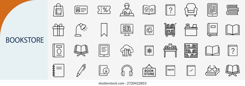 bookstore and library education reading set, outline vector icons, black