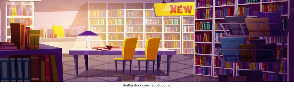 Bookstore or library interior with lots of paper hardcover books on shelves of racks and cabinets, table with chairs and lamp, stands with new literature and bestsellers. Cartoon vector illustration.