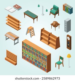 Bookstore and library isometric interior elements set decorative  catalog reader wooden
