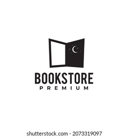 Bookstore Or Library Logo With Using Open Book Icon Like Door With Stars And Moon Background Design