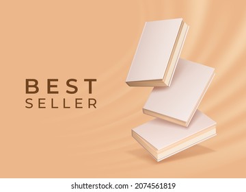 Bookstore or library poster with realistic floating blank book mockups. Closed books with empty cover. Reading and education vector concept. Textbooks for learning or studying, literature