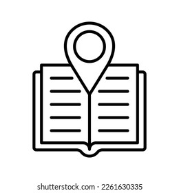 Bookstore location icon. Open book with location mark. City library location, place to read. Vector illustration.