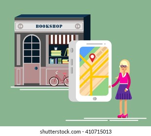 Bookstore near you. Falt vector background on finding nearest bookstore online mobile application with city map. Young woman searching for bookshop with smart phone