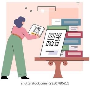 Bookstore on smartphone. Mobile application for buying books. Female client chooses product in online store using qr code. Internet marketplace. E-commerce technology, mobile cashless. Online library