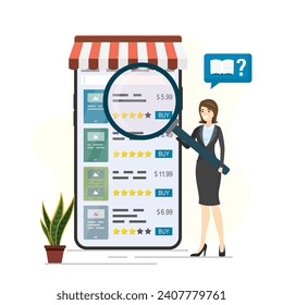 Bookstore on smartphone. Mobile application for buying books. Woman client uses magnifying glass for choose product in online store. Internet marketplace. E-commerce technology. Vector illustration