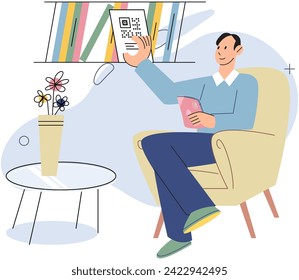 Buchhandlung auf Smartphone. Mobile Anwendung zum Kauf von Büchern. Männlicher Kunde wählt Literatur im Online-Shop mit qr-Code. Internet-Marktplatz. E-Commerce-Technologie, bargeldlos. Online-Bibliothek
