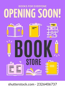 Bookstore Opening Soon Invitation Placard Poster Banner Card Template for Promotion on a Purple Background. Vector illustration
