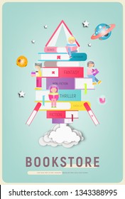 Bookstore Poster - Small Characters Reading Books on Books Stacked in Rocket Silhouette. Concept - Knowledge, Space, Wisdom. Vector Illustration. Retro Design. Old-fashioned Style.