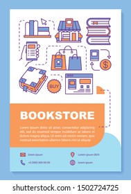Bookstore poster template layout. Buying books online. Ebook purchase. Banner, booklet, leaflet print design with linear icons. Vector brochure page layouts for magazines, advertising flyers