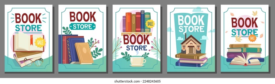 Bookstore posters set. Design of advertisement for a bookshop. Vector template. Banners with a bookshelf, pages, and books for a library. Illustration for a reading ad.