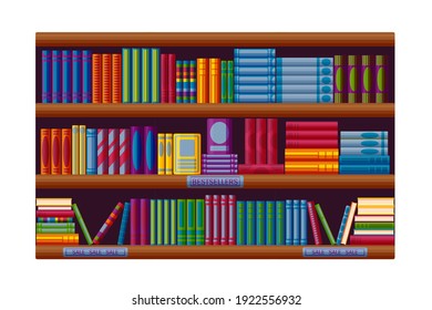 Bookstore rack with bestsellers and sale options. Shelves in cartoon style. Vector illustration on white background