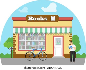 Bookstore, realistic bookstore icon on blue sky background. A man with a bicycle reads a book near the store. Vector illustration. Vector.