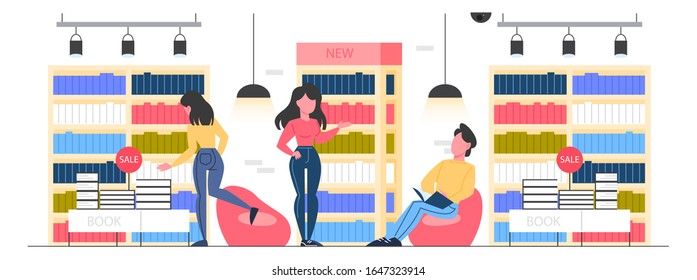Bookstore room interior. People choosing and buying literature. Shelves with books. Flat vector illustration.