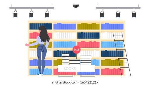 Bookstore room interior. People choosing and buying literature. Shelves with books. Flat vector illustration.