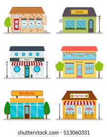 Bookstore, seafood restaurant, mini market, ice cream shop, barbershop, fast food restaurant icons. Building facades set. EPS10 vector illustration in flat style.