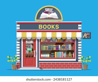 Bookstore shop exterior. Books shop brick building. Education or library market. Books in shop window on shelves. Street shop, mall, market, boutique facade. Vector flat style illustration.