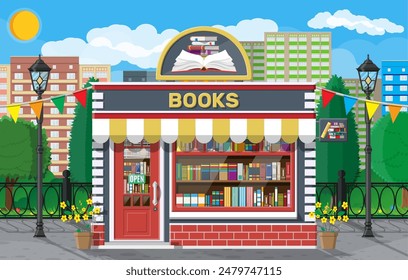 Bookstore shop exterior. Books shop brick building. Education or library market. Books in shop window on shelves. Street shop, mall, market facade. Nature outdoor cityscape. Flat vector illustration