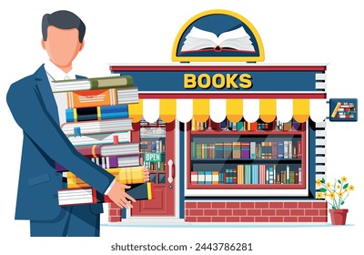 Bookstore shop exterior and man. Books shop brick building. Education or library market. Books in shop window on shelves. Street shop, mall, market, boutique facade. Vector flat style illustration.