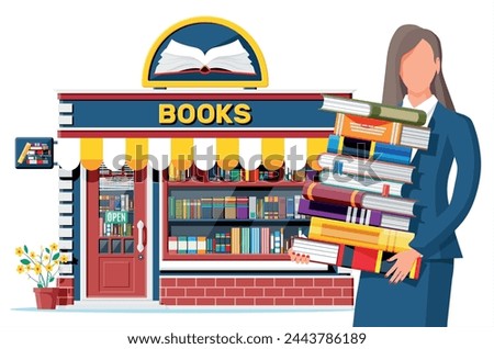 Bookstore shop exterior and woman. Books shop brick building. Education or library market. Books in shop window on shelves. Street shop, mall, market, boutique facade. Vector flat style illustration.