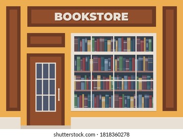 A bookstore with a sign over the entrance. Books in the shop window on the shelves. Street store. Vector illustration, flat style