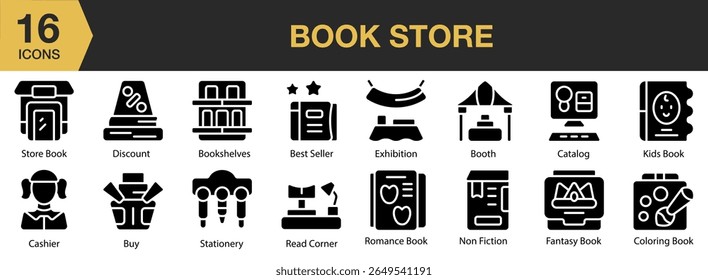 Bookstore solid icon set. Includes book, store, shop, reading, bookstore, and More. Solid icons vector collection.