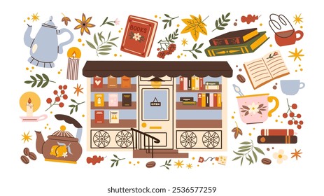 Bookstore stickers and autumn decor. Cozy shapes attributes of autumn: plants, leaves, books, fireplace, warmth and coziness. Cute library stickers in retro cartoon doodle style