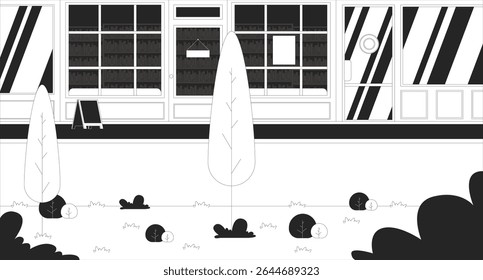 Livraria loja frente com paisagem gramada e árvores linha ilustração pano de fundo. Ao ar livre pacífico da livraria exterior sidewalk varejo fachada 2D tinta contorno monocromático fundo. Vetor linear