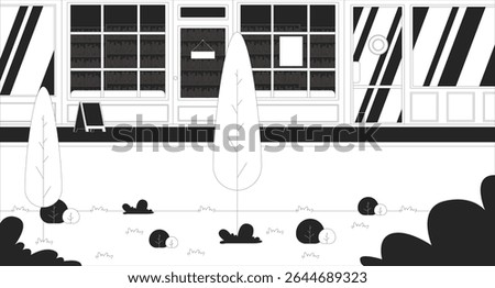 Bookstore storefront with grassy landscape and trees line illustration backdrop. Peaceful outdoor of bookshop exterior sidewalk retail facade 2D ink outline monochrome background. Lineart vector