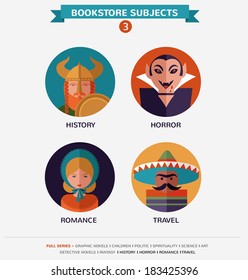 Bookstore subjects, flat icons and characters