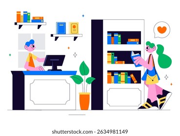 Bookstore Vector Illustration Featuring a School Library Room for Studying, Reading, Education, Self Development, and Literature in a Flat Background