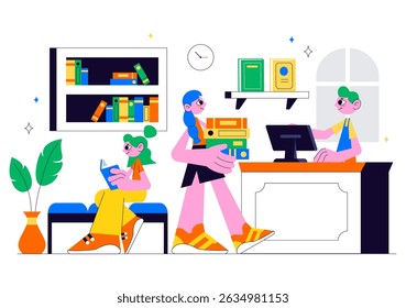 Bookstore Vector Illustration Featuring a School Library Room for Studying, Reading, Education, Self Development, and Literature in a Flat Background