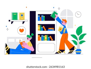 Bookstore Vector Illustration Featuring a School Library Room for Studying, Reading, Education, Self Development, and Literature in a Flat Background