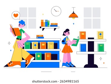 Bookstore Vector Illustration Featuring a School Library Room for Studying, Reading, Education, Self Development, and Literature in a Flat Background