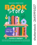 Bookstore vertical poster or flyer design for advertising and promotion. Features bookshelves with various books for social media posts, educational events, World Book Day, or Back to School concepts.