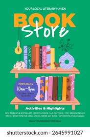 Bookstore vertical poster or flyer design for advertising and promotion. Features bookshelves with various books for social media posts, educational events, World Book Day, or Back to School concepts.