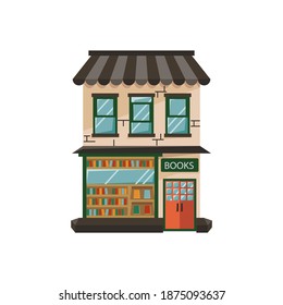 Bookstore window. Facade store building in flat style. Urban small shop isolated on white background. Vector illustration
