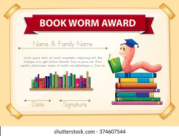 Bookworm award template with books and worm illustration