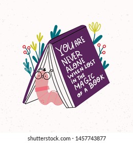 Bookworm. Book standing like a tent with worm in glasses. Hand drawn colored trendy vector illustration. Flat design. Cartoon style