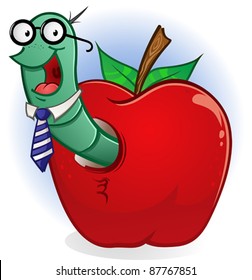 Bookworm Cartoon Character In A Teacher's Apple