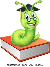 A bookworm caterpillar worm cartoon character education mascot sitting on a pile of books wearing graduation mortar board hat and glasses