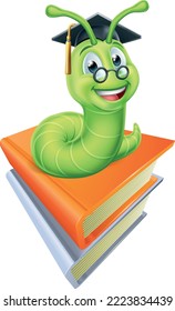 A bookworm caterpillar worm cartoon character education mascot sitting on a pile of books wearing graduation hat and glasses 